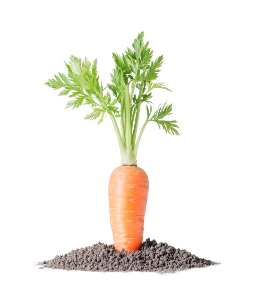 Fresh carrot in soil with vibrant green leaves, cut out png