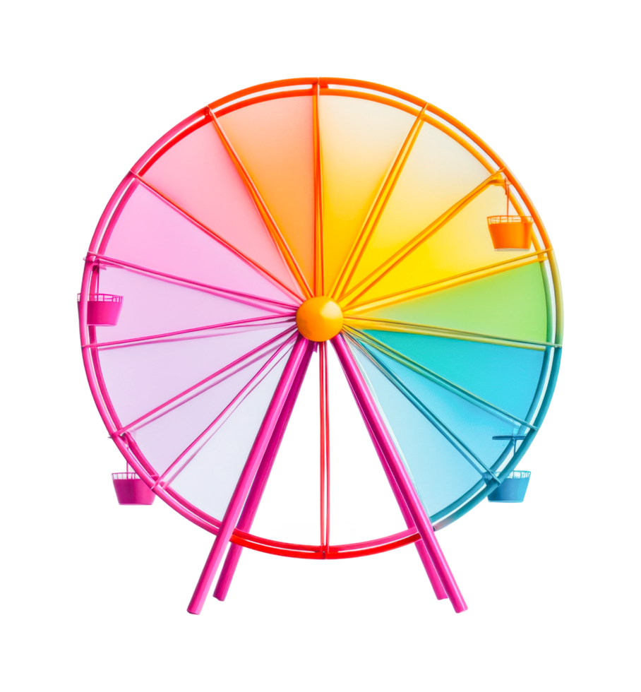 Colorful ferris wheel with rainbow hues and empty baskets, cut out png