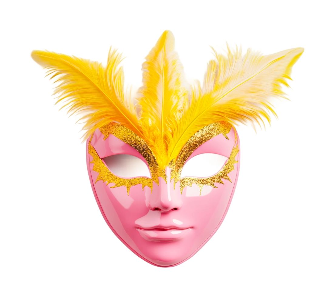 Vibrant pink mask with yellow feathers and gold glitter highlights, cut out png