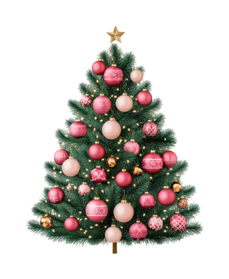 Decorated christmas tree with red and pink ornaments and star topper, cut out png