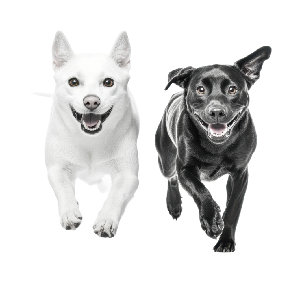 Two happy dogs running playfully together in mid-air, cut out png
