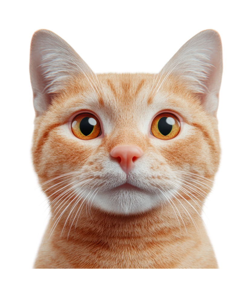 Close-up of alert orange tabby cat with striking eyes and upright ears, cut out png