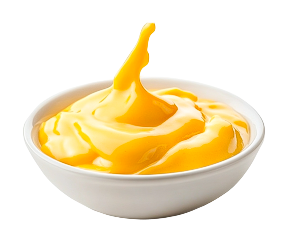 Smooth mayonnaise and mustard swirl in white bowl, cut out png