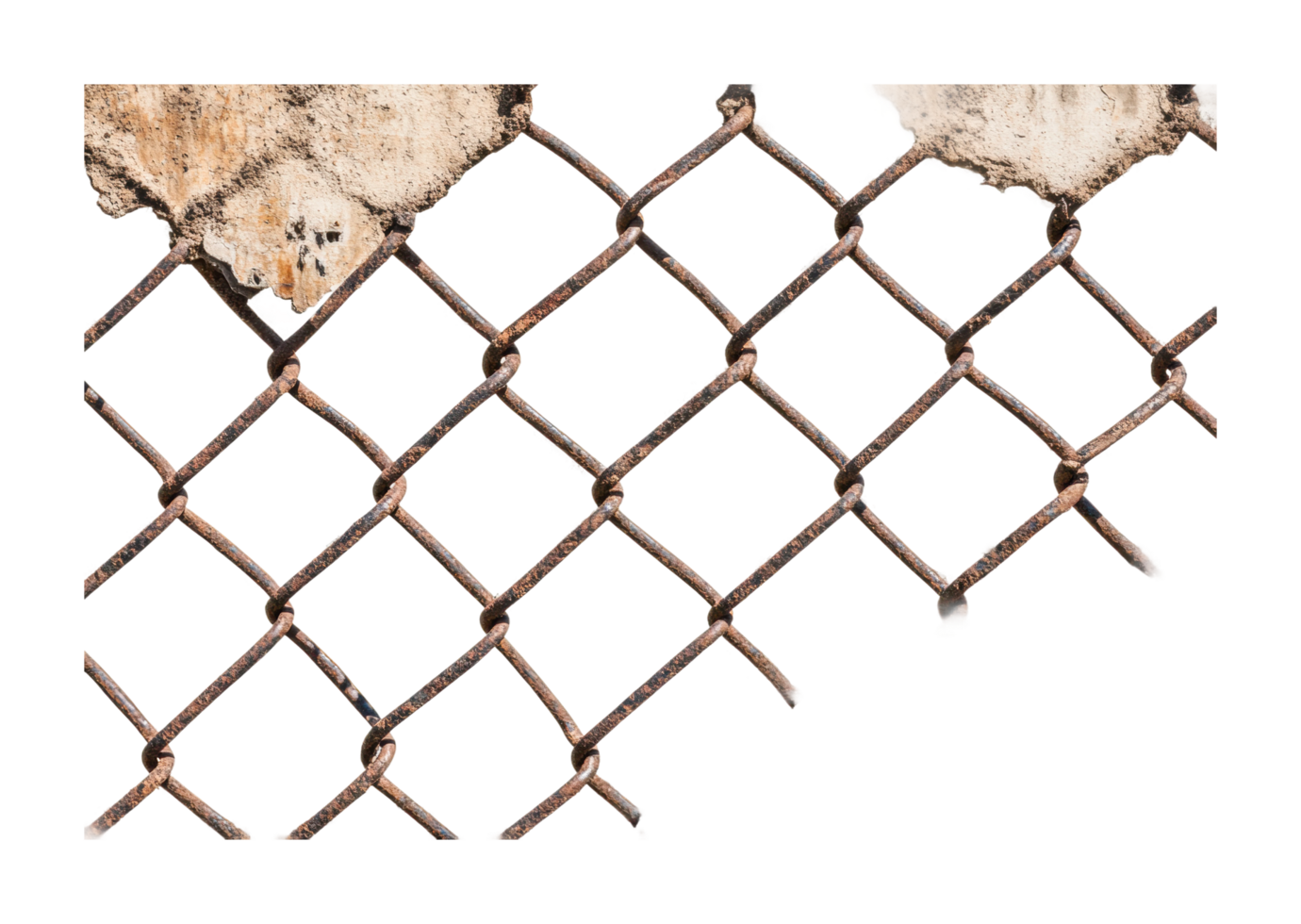 Aged rusty fence with torn edges and visible degradation, cut out png