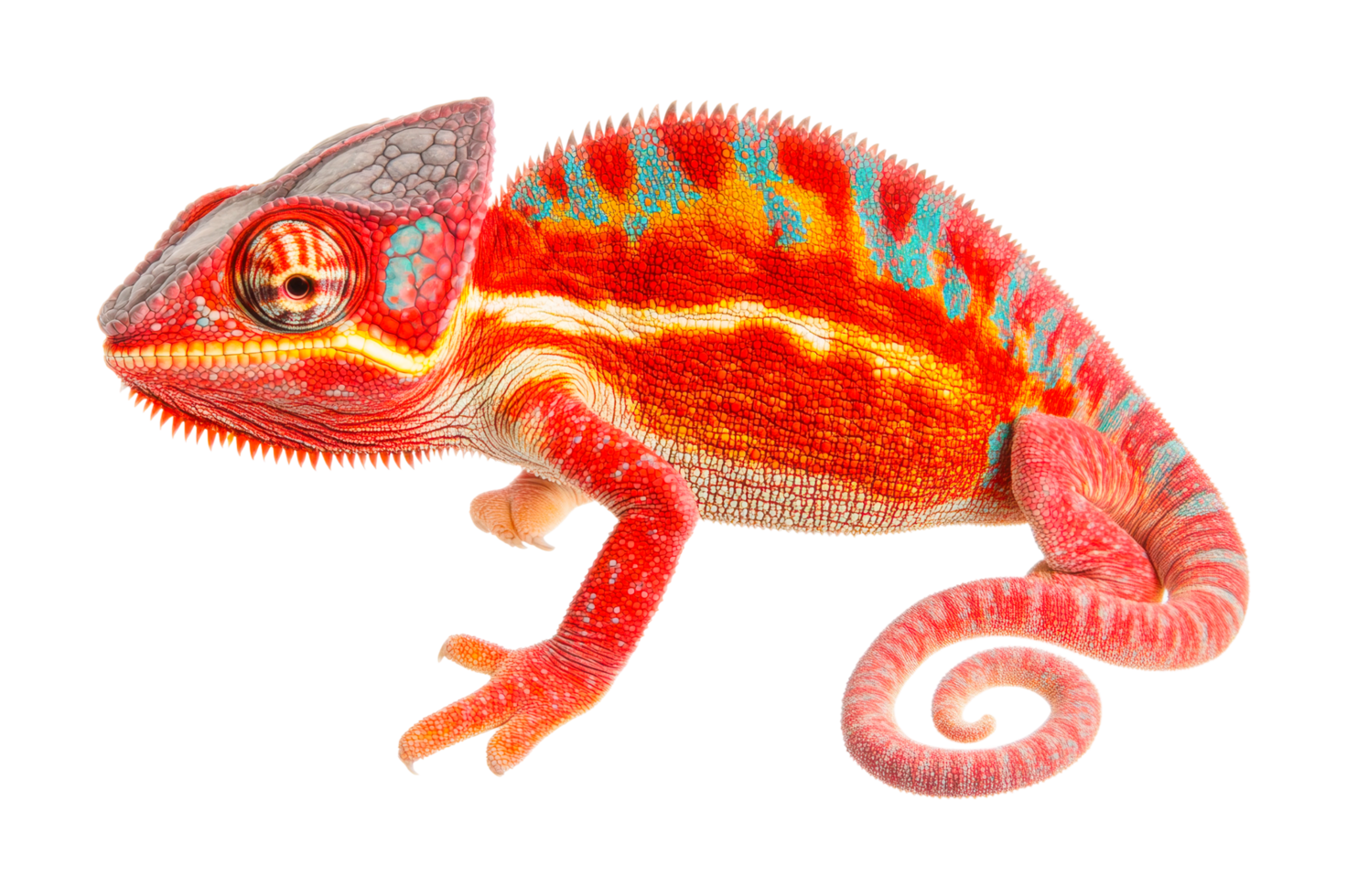 Vibrant panther chameleon with striking red and blue patterns, cut out png