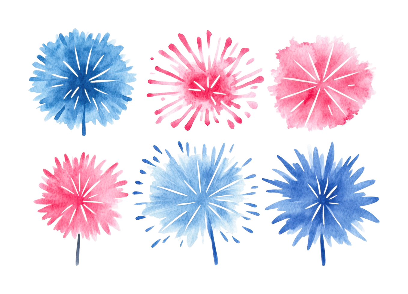 Vibrant pink and blue watercolor fireworks with star patterns, cut out png