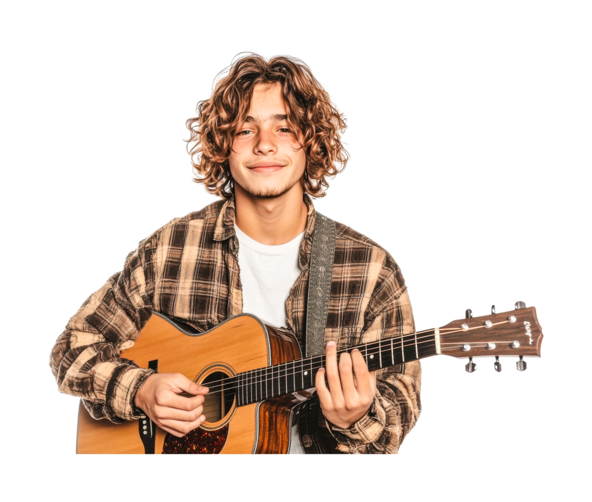 Young caucasian male with curly hair playing acoustic guitar and smiling, cut out png