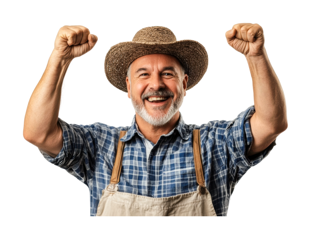 Joyful elderly caucasian male farmer celebrating with raised hands, cut out png