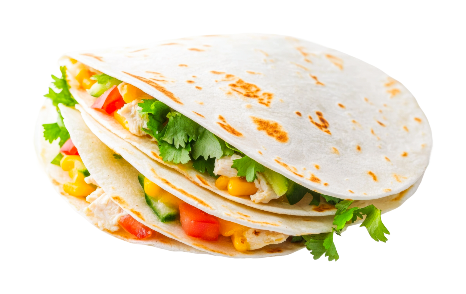 Fresh chicken taco with corn, peppers, and cilantro in a soft tortilla, cut out png