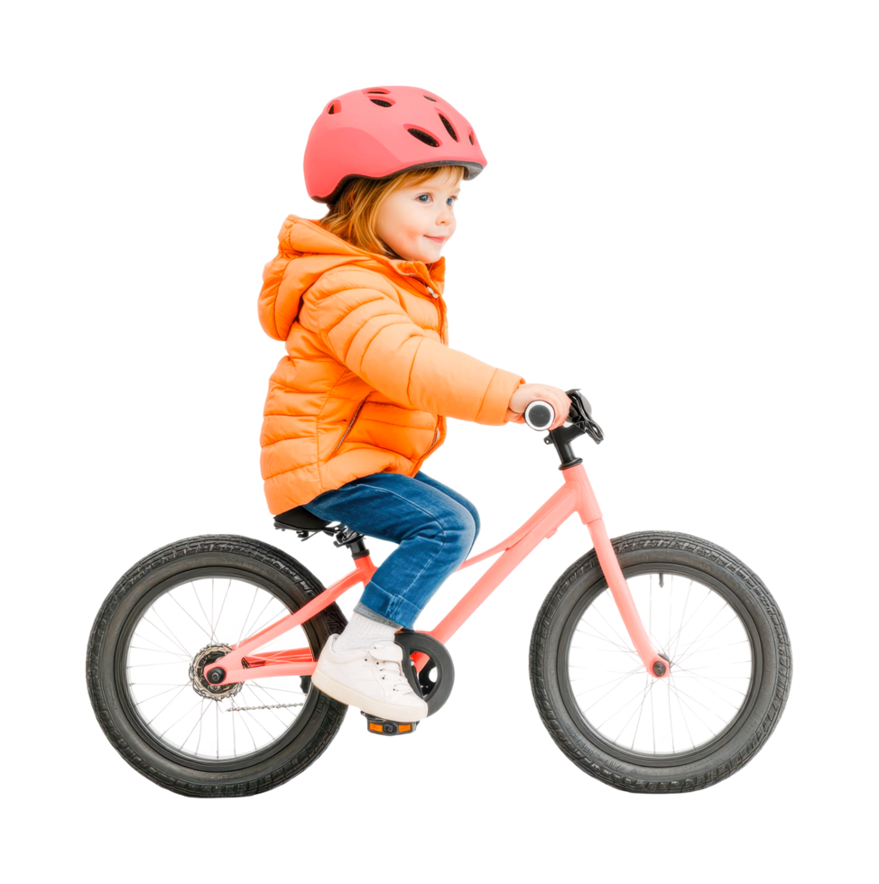 Young caucasian female child riding pink bicycle with helmet and orange jacket, cut out png
