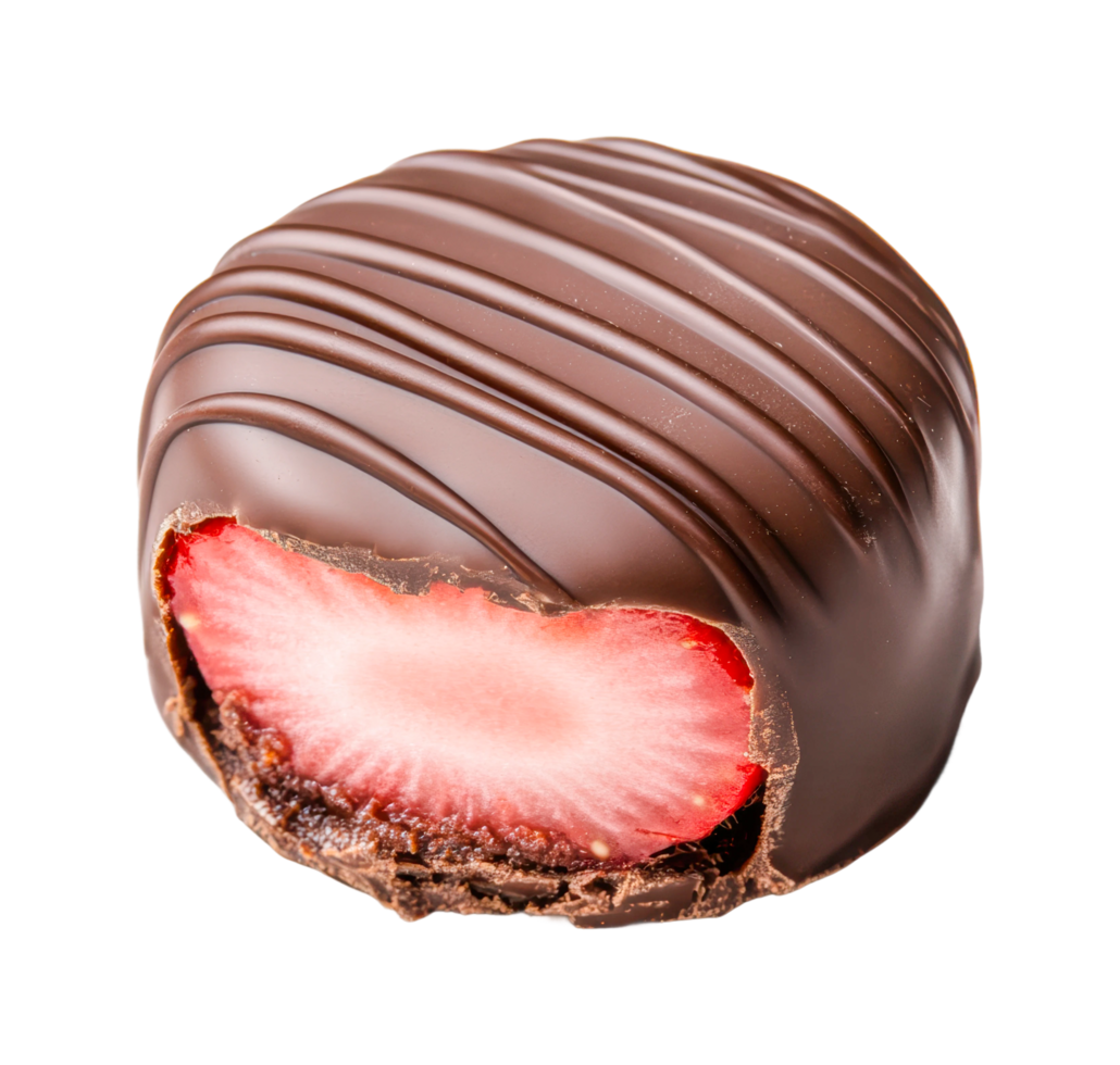 Chocolate-covered strawberry with bite revealing juicy inside, cut out png