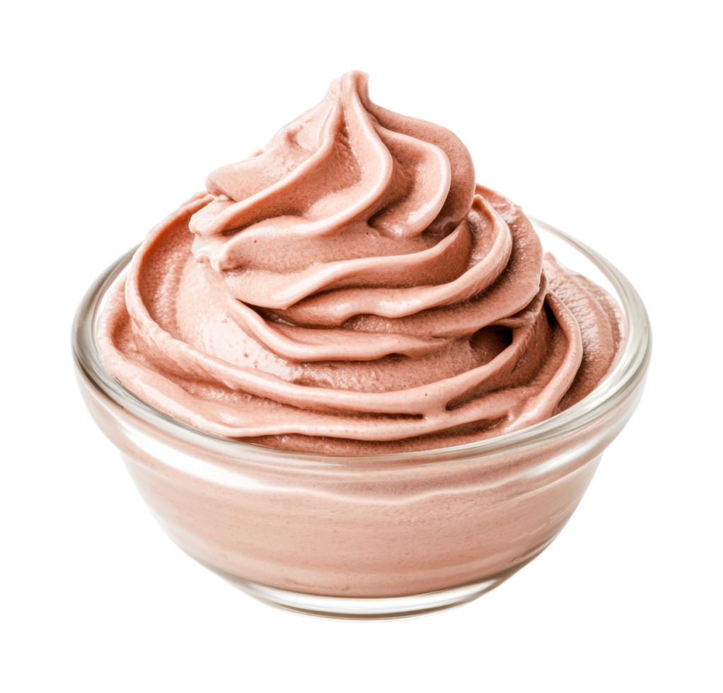 Delicious chocolate ice cream swirl in clear glass bowl, cut out png