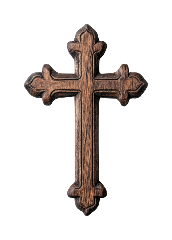 Intricately carved wooden cross with decorative details highlighting craftsmanship, cut out png