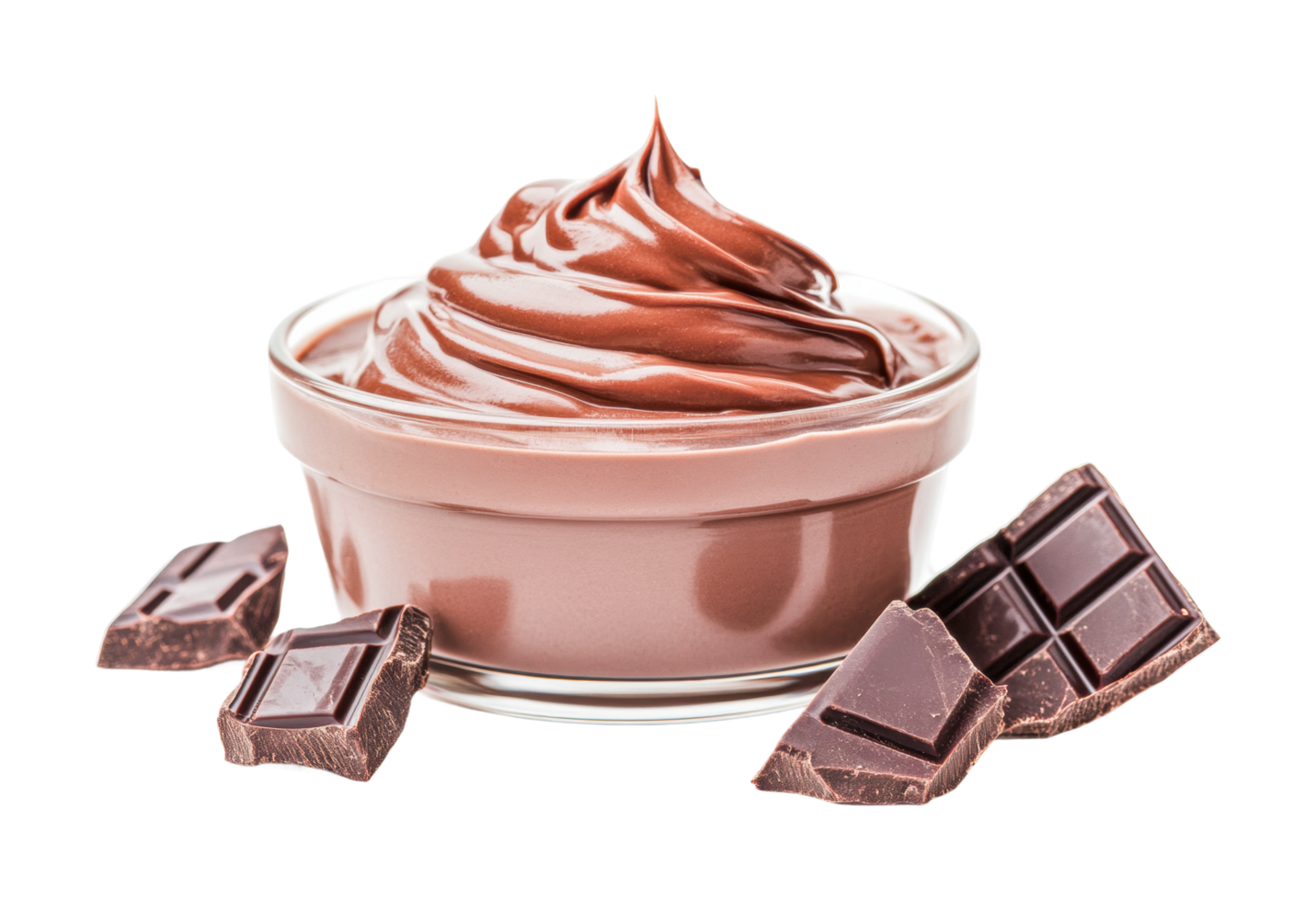 Rich chocolate mousse in glass bowl with dark chocolate pieces, cut out png