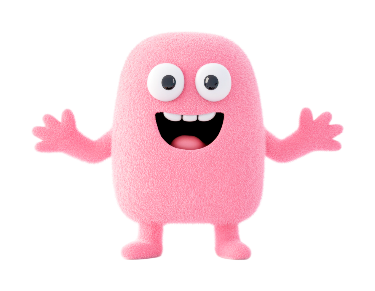 Cute pink furry monster with big eyes and smiling expression, cut out png