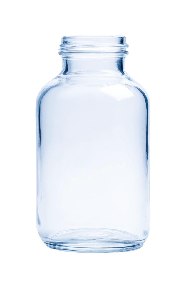 Empty clear glass jar container with screw top lid for storage or decoration, cut out png