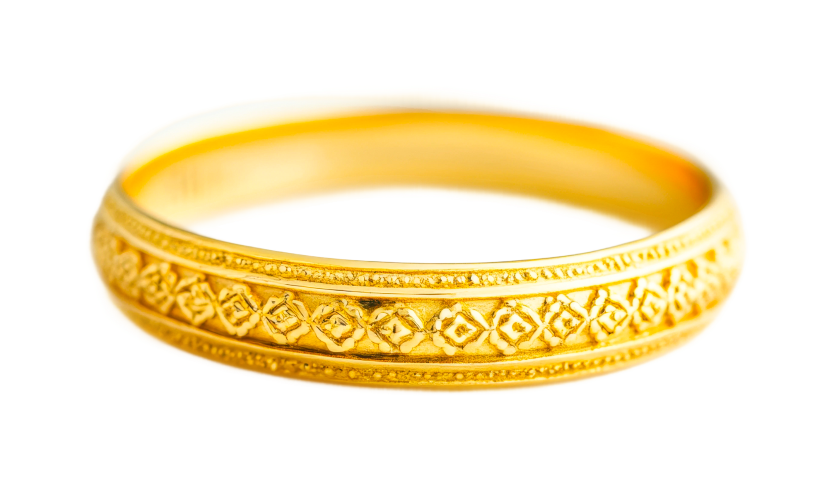 Detailed gold ring with intricate patterns and decorative design, cut out png