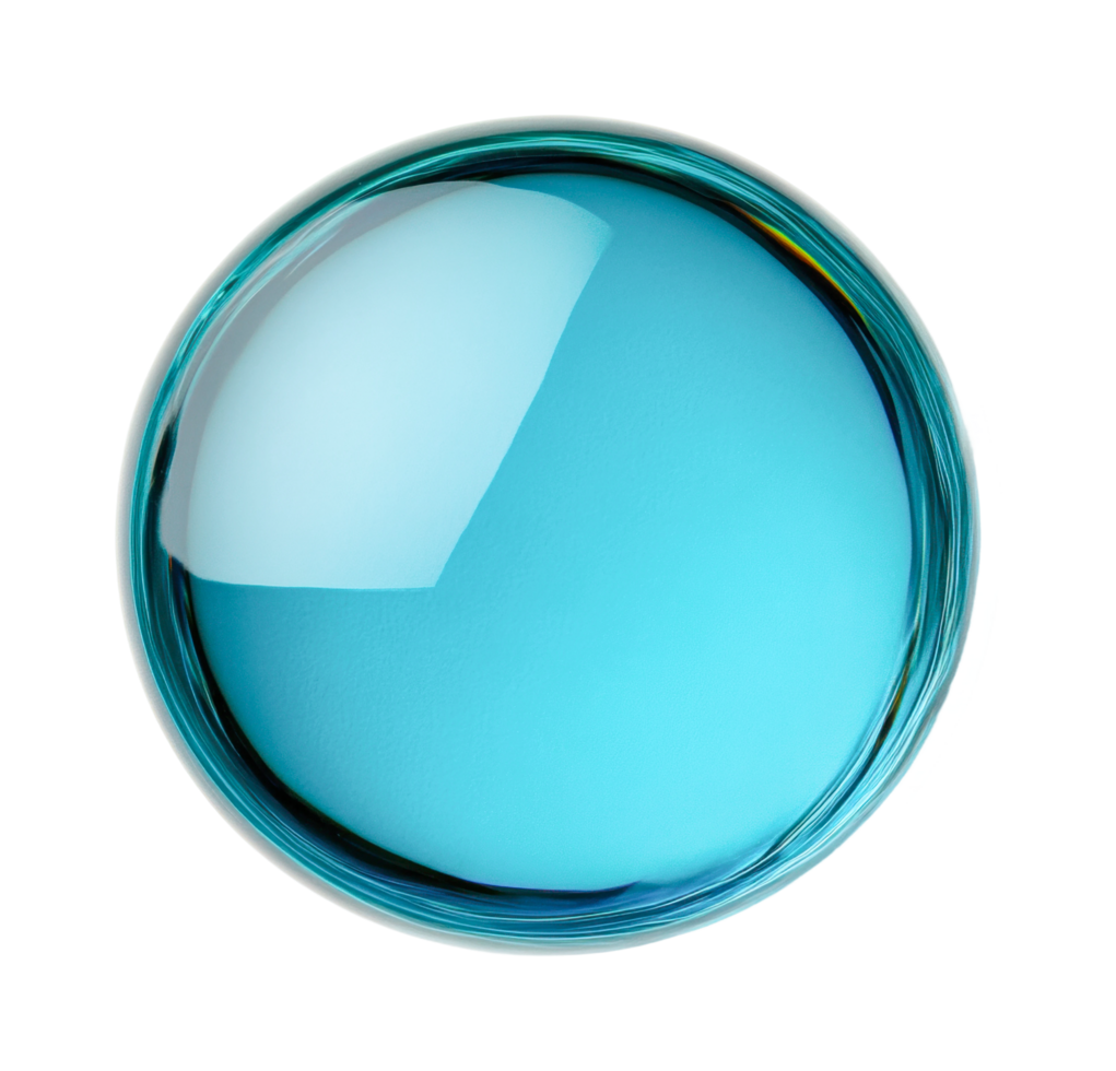 Aerial view of round blue liquid surface in glossy reflective sphere, cut out png