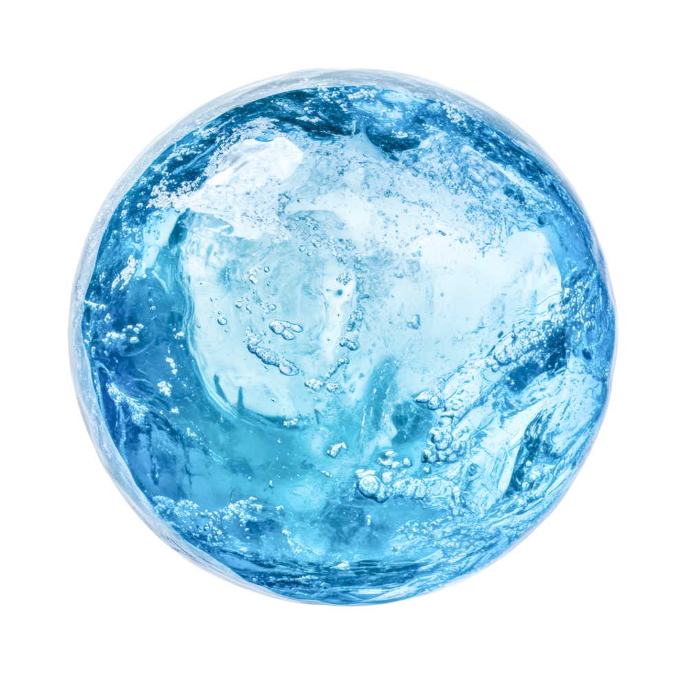 Crystal clear frozen water sphere with intricate ice patterns, cut out png
