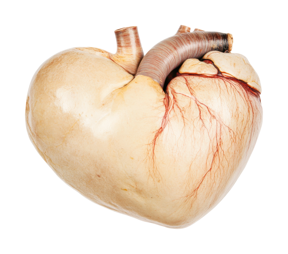 Anatomical image of pig heart featuring arteries and veins, cut out png