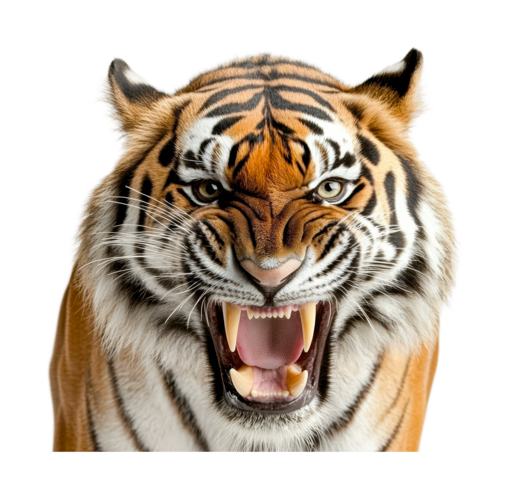 Close-up of a bengal tiger roaring with fierce expression, cut out png