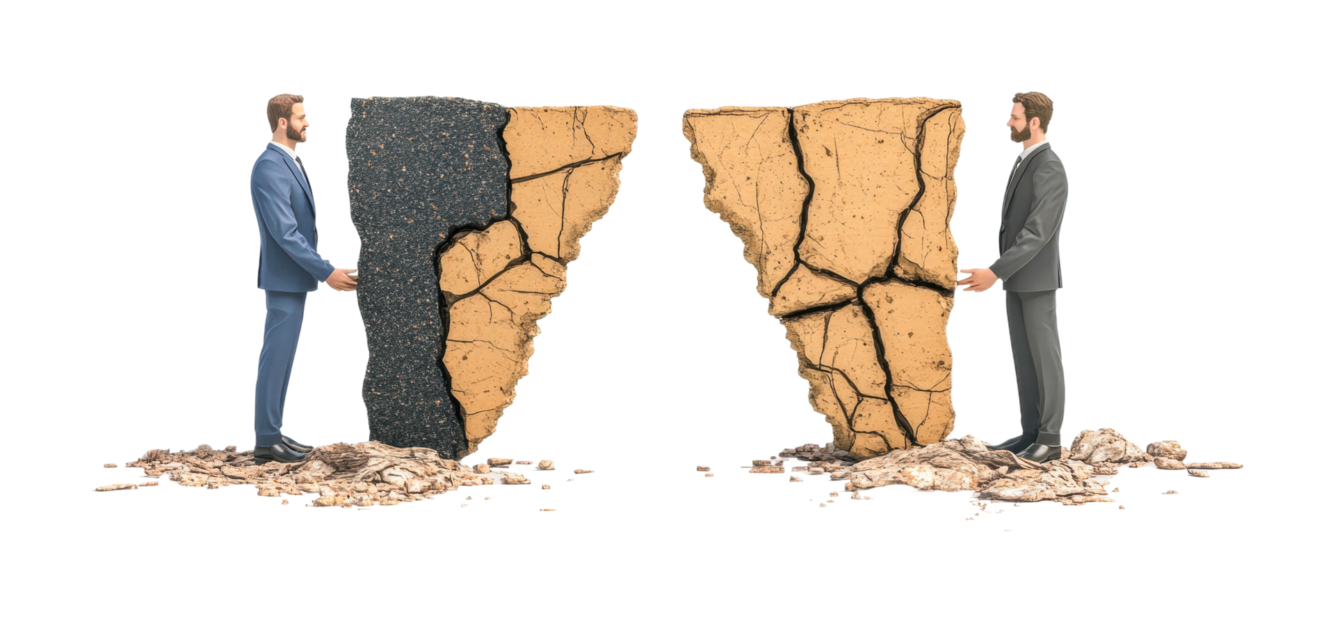 Two caucasian adult males collaborating to bridge cracked earth divides, cut out png