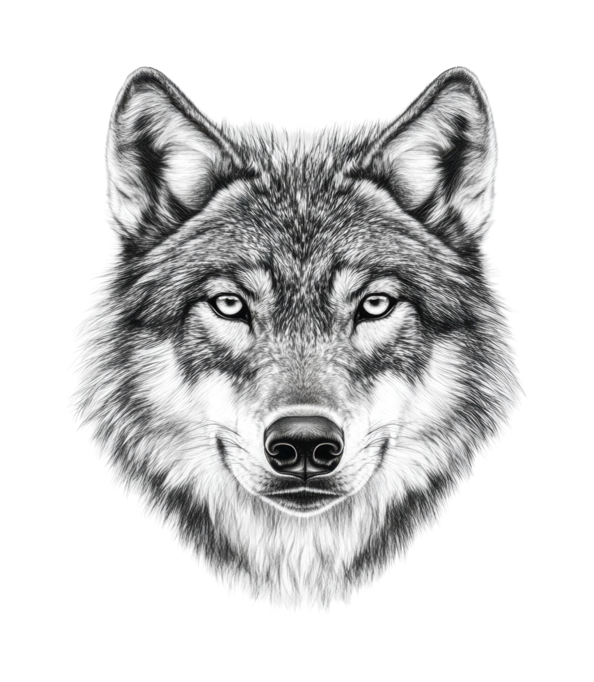 Detailed illustration of a majestic wolf's face with intense gaze and fur texture, cut out png