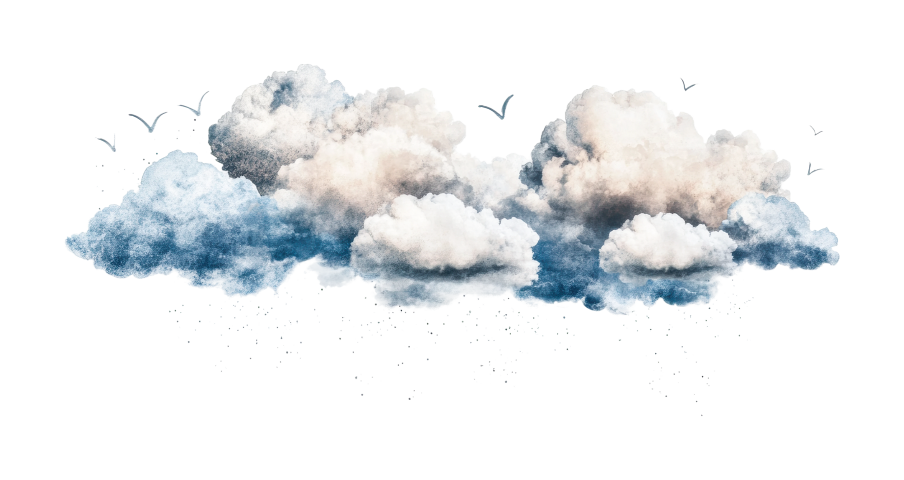 Fluffy clouds with flying birds and falling raindrops, cut out png