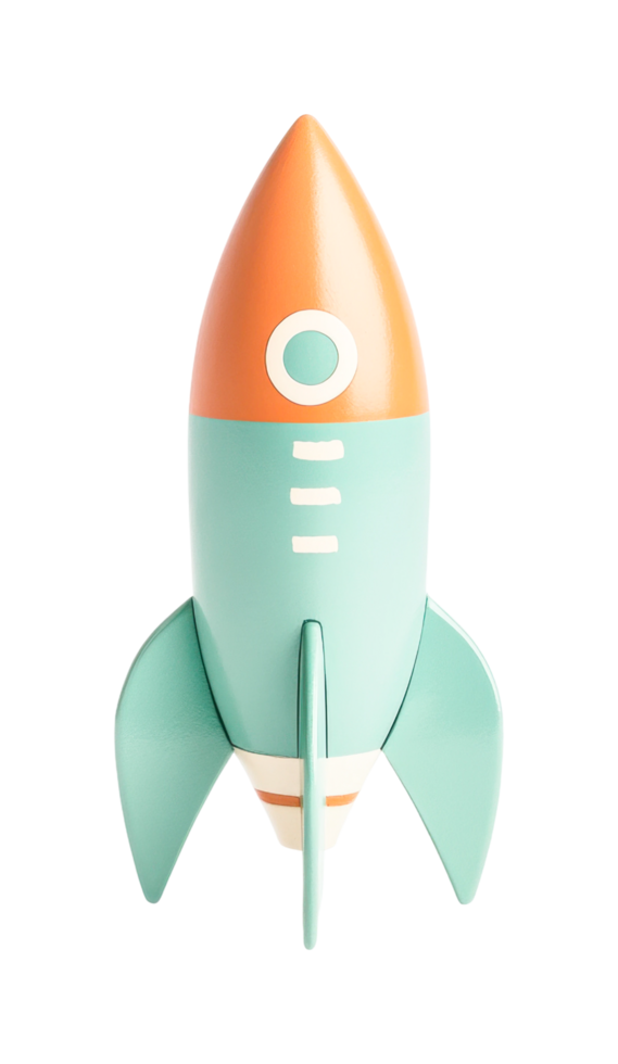 Colorful toy rocket with orange nose and blue fins, cut out png