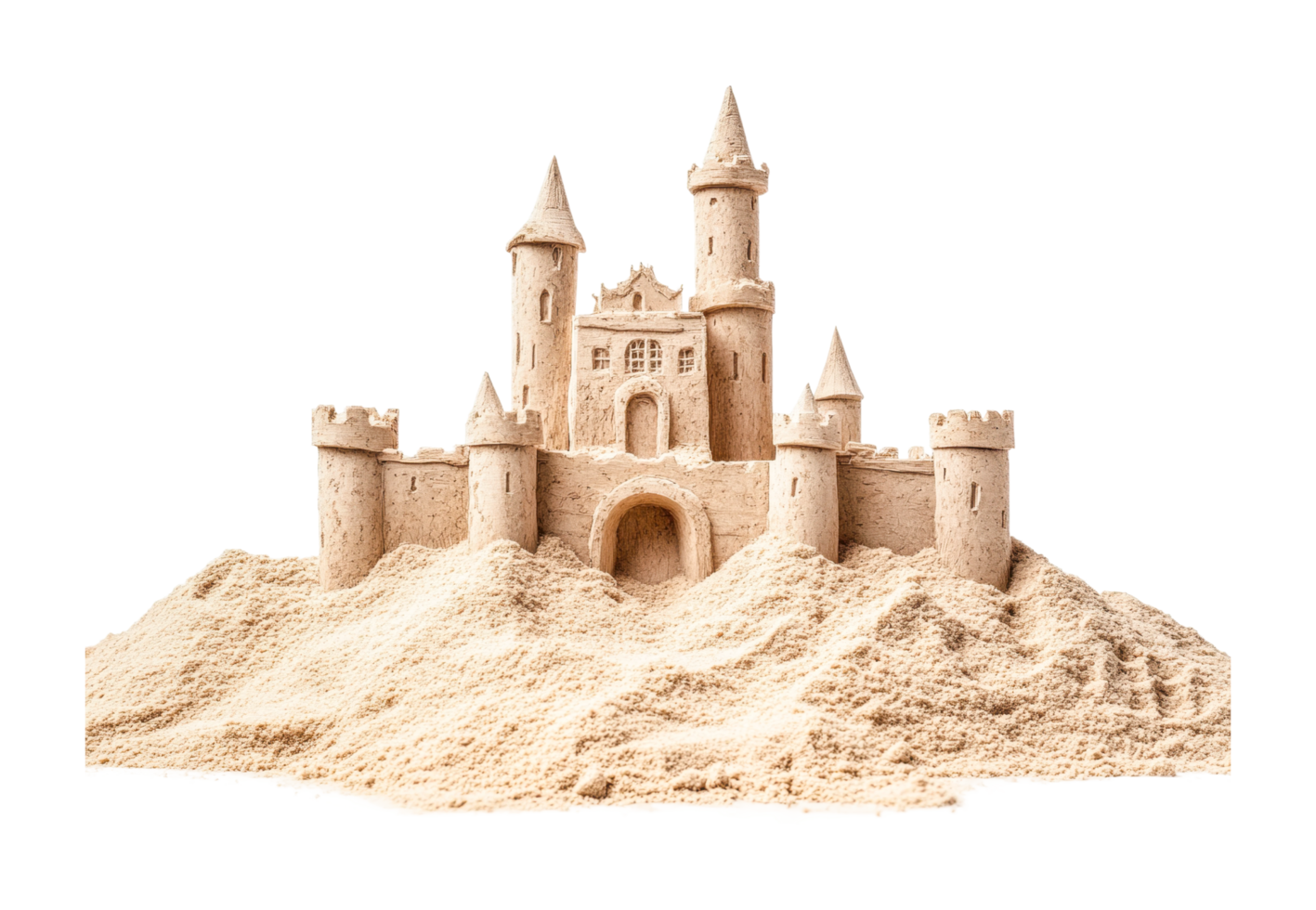 Majestic sandcastle with towers and arched entrance on sandy beach, cut out png