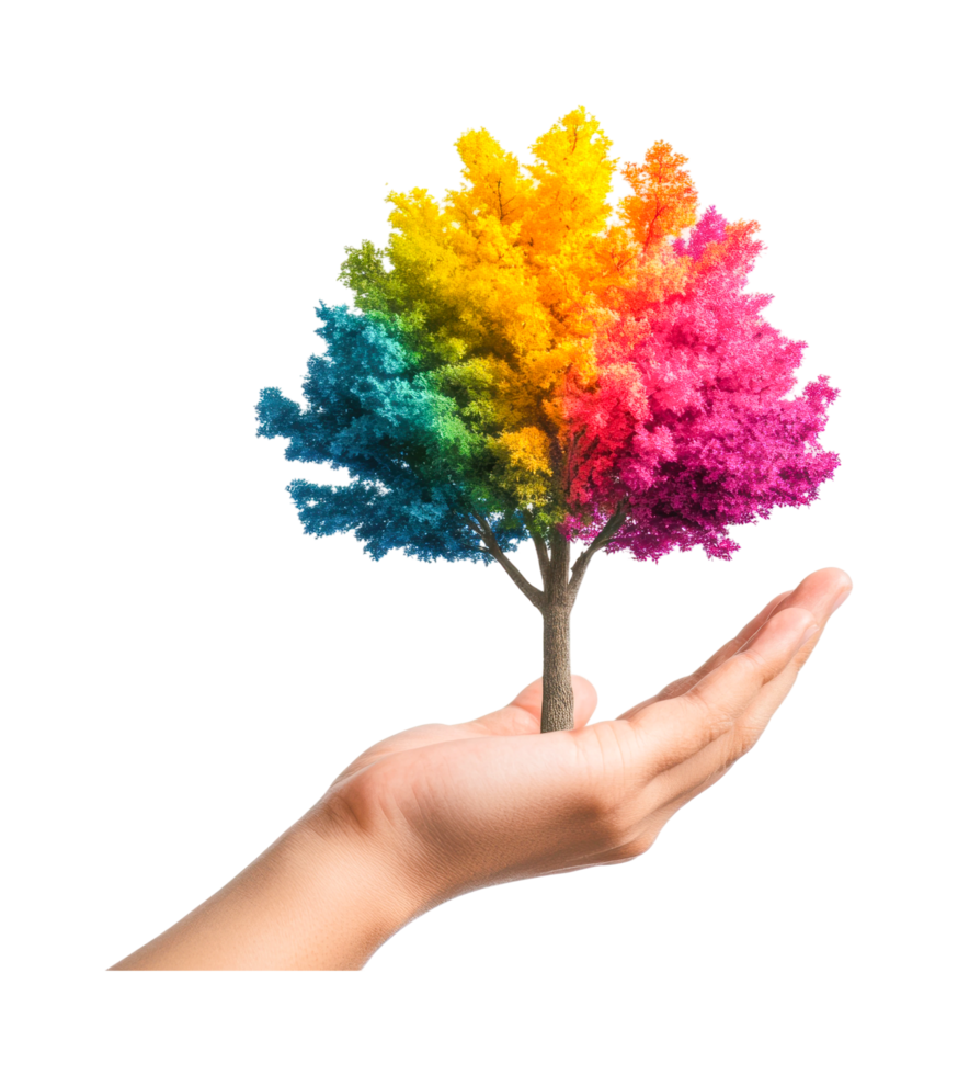 Hand holding vibrant rainbow-colored tree symbolizing nature and diversity, cut out png