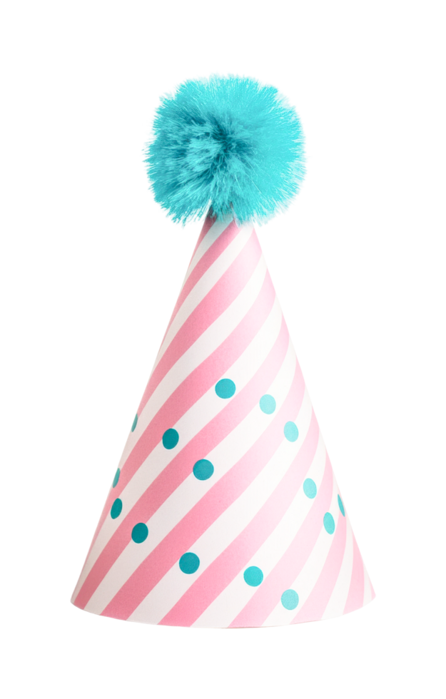 Pink and white striped party hat with blue polka dots and pom-pom, cut out png