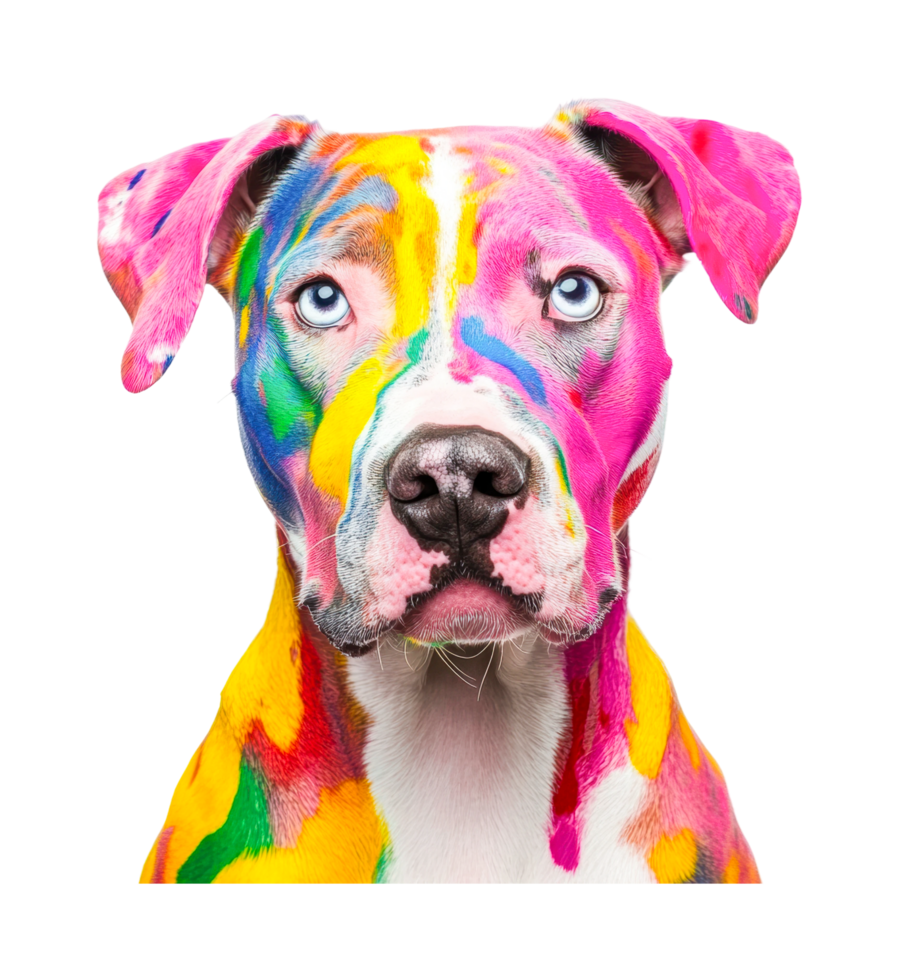 Colorful dog portrait with vibrant multicolored fur, cut out png