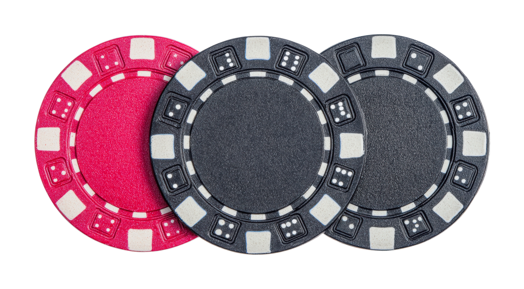 Trio of poker chips in red and gray with dice motif, cut out png