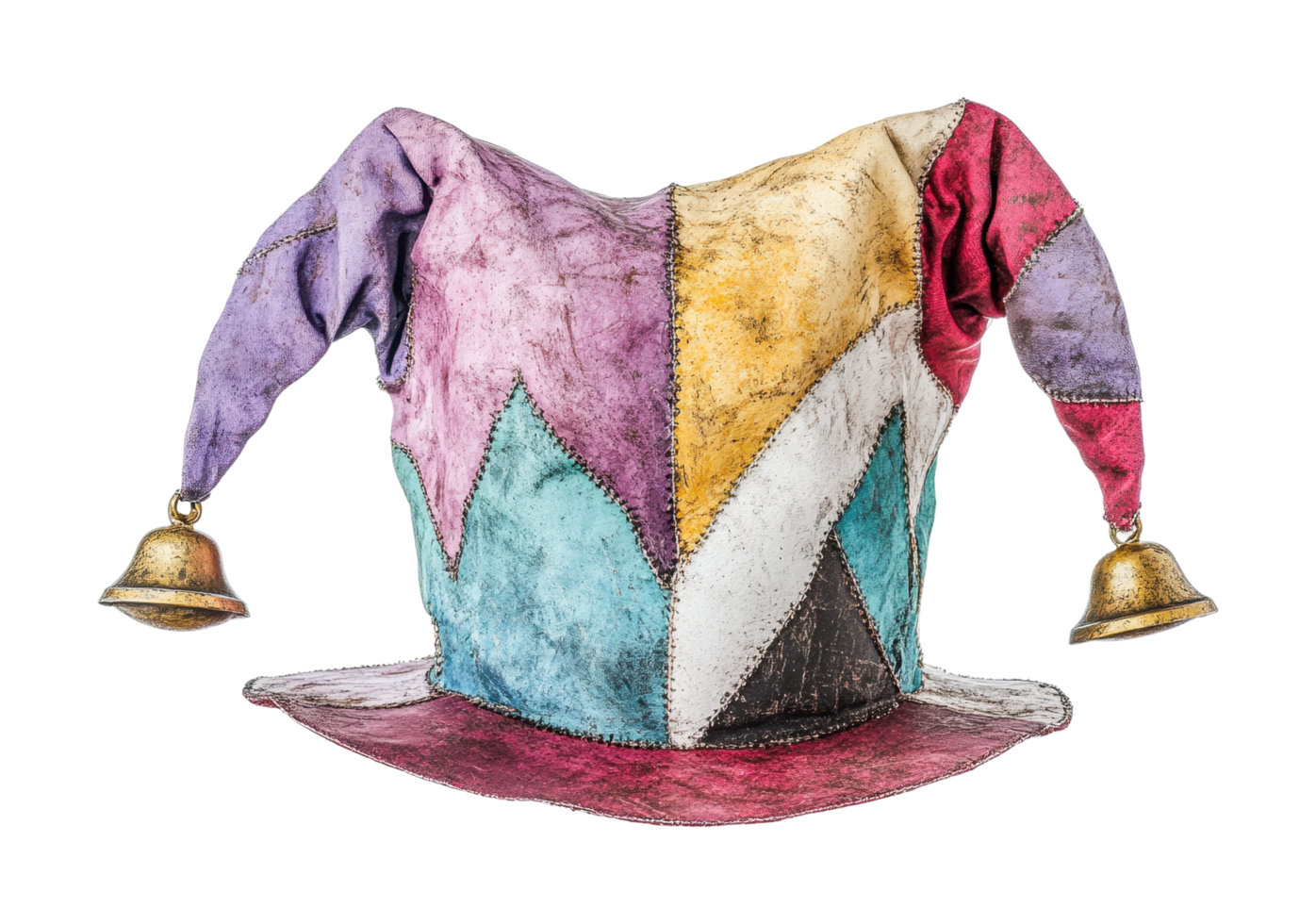 Colorful patchwork jester hat with bells, cut out png