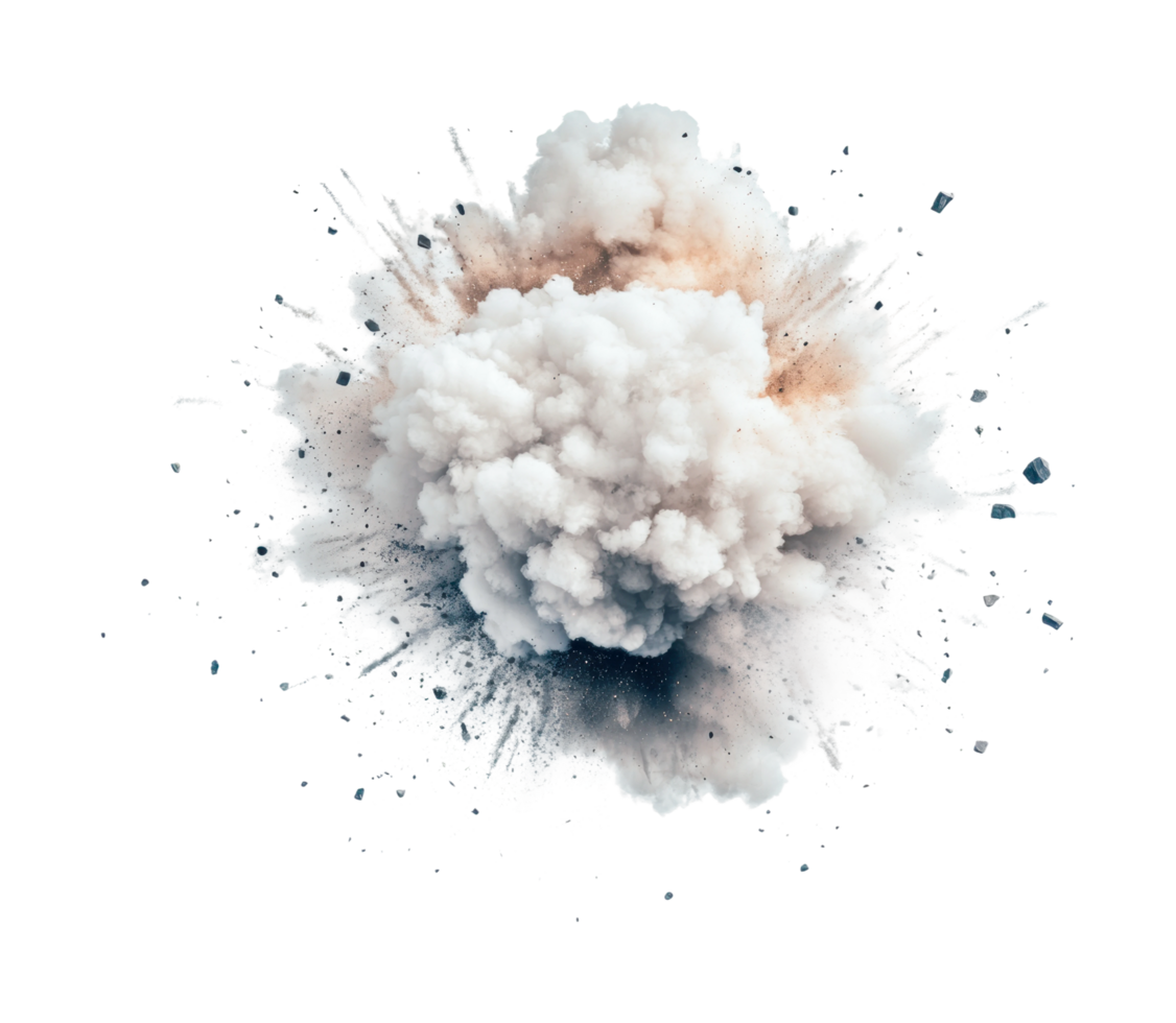 Explosive white smoke cloud with dust particles in dynamic motion, cut out png