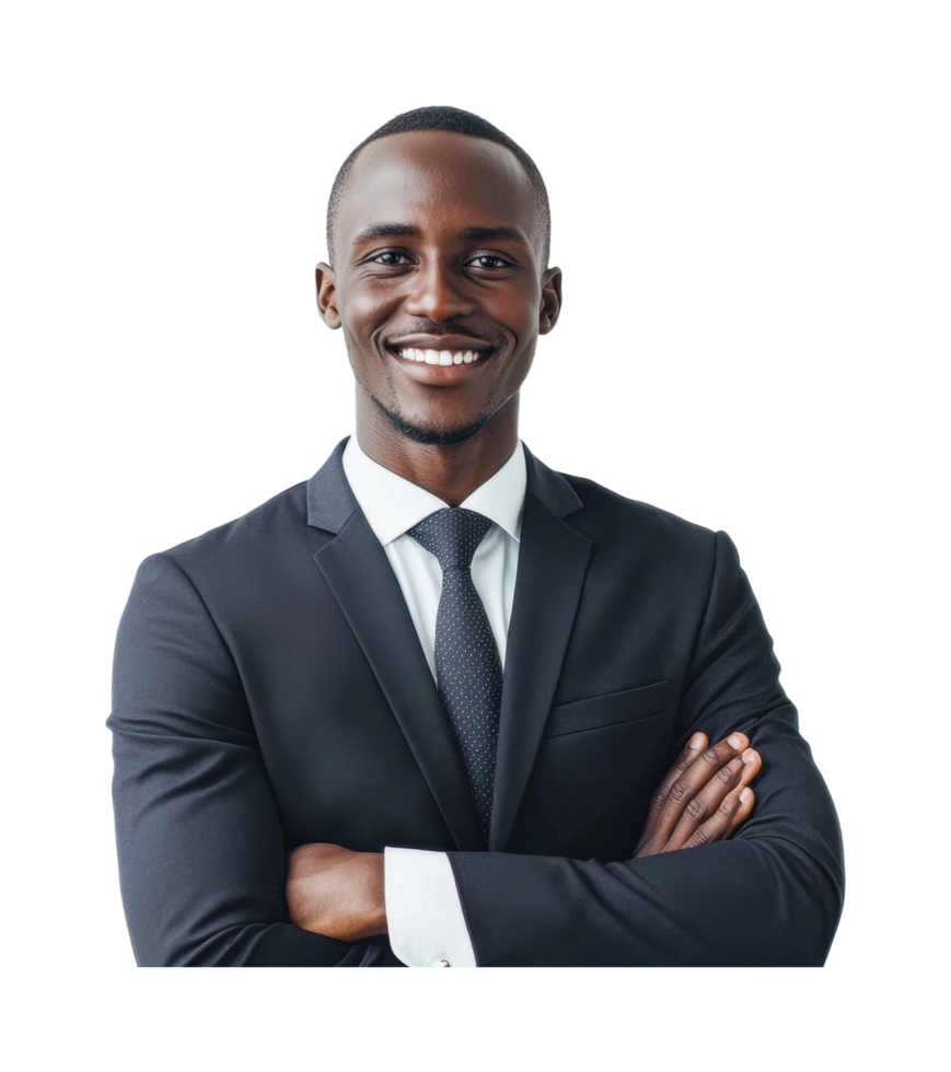 Confident young african male professional in suit smiling, cut out png