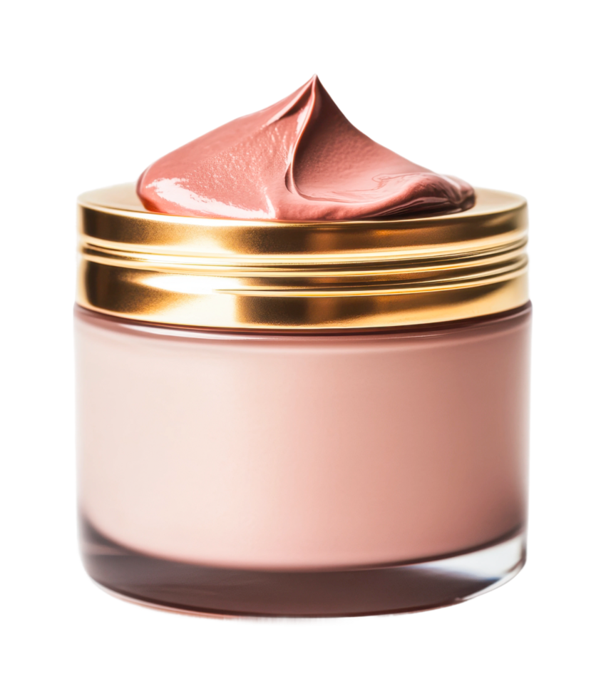 Luxurious pink face cream in elegant gold-lidded jar, cut out png