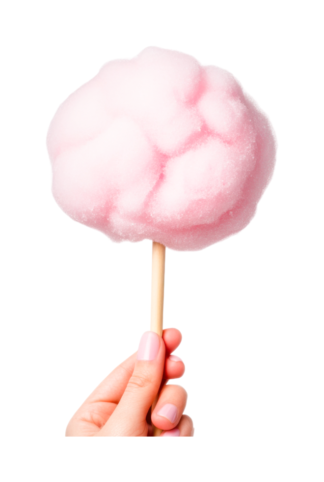 Pink cotton candy held by hand with pastel nails, cut out png