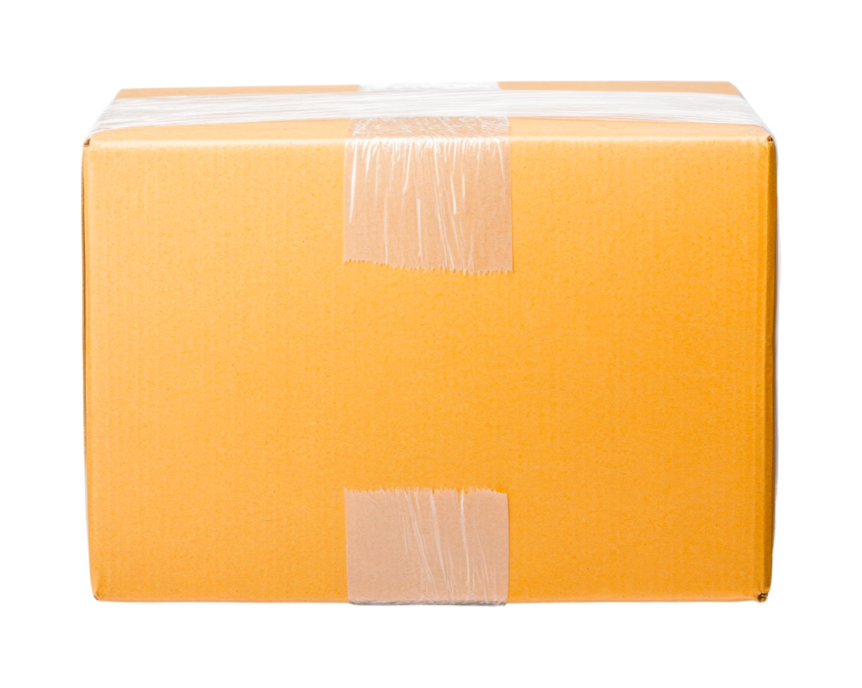 Sealed cardboard box with transparent tape for shipping and storage, cut out png