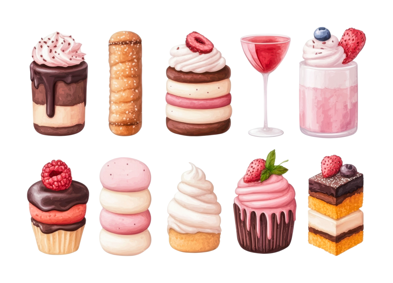 Assorted gourmet pastries and desserts collection with cakes and drinks, cut out png