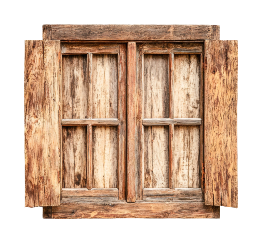 Rustic wooden window with shutters featuring weathered texture and natural design, cut out png