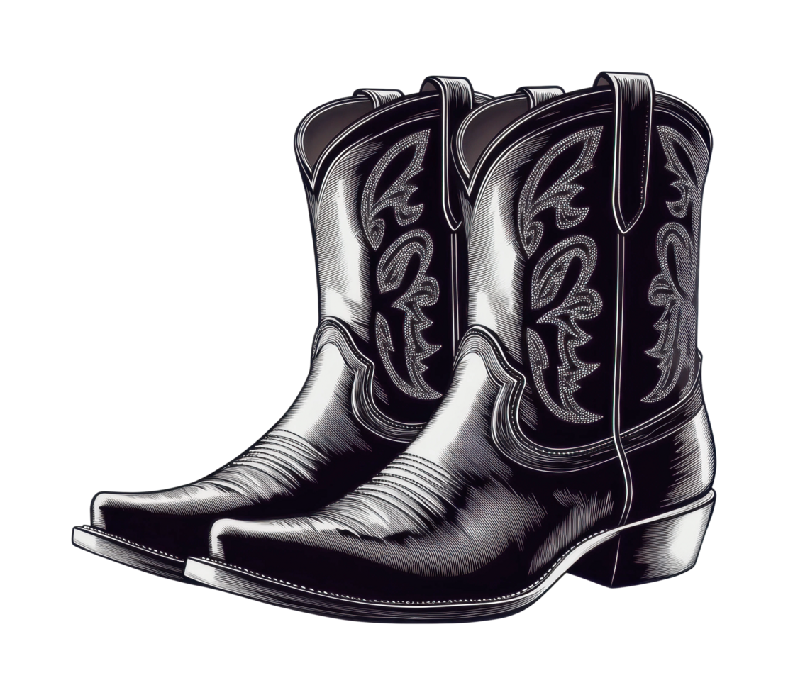 Pair of exquisite western cowboy boots with intricate patterns, cut out png