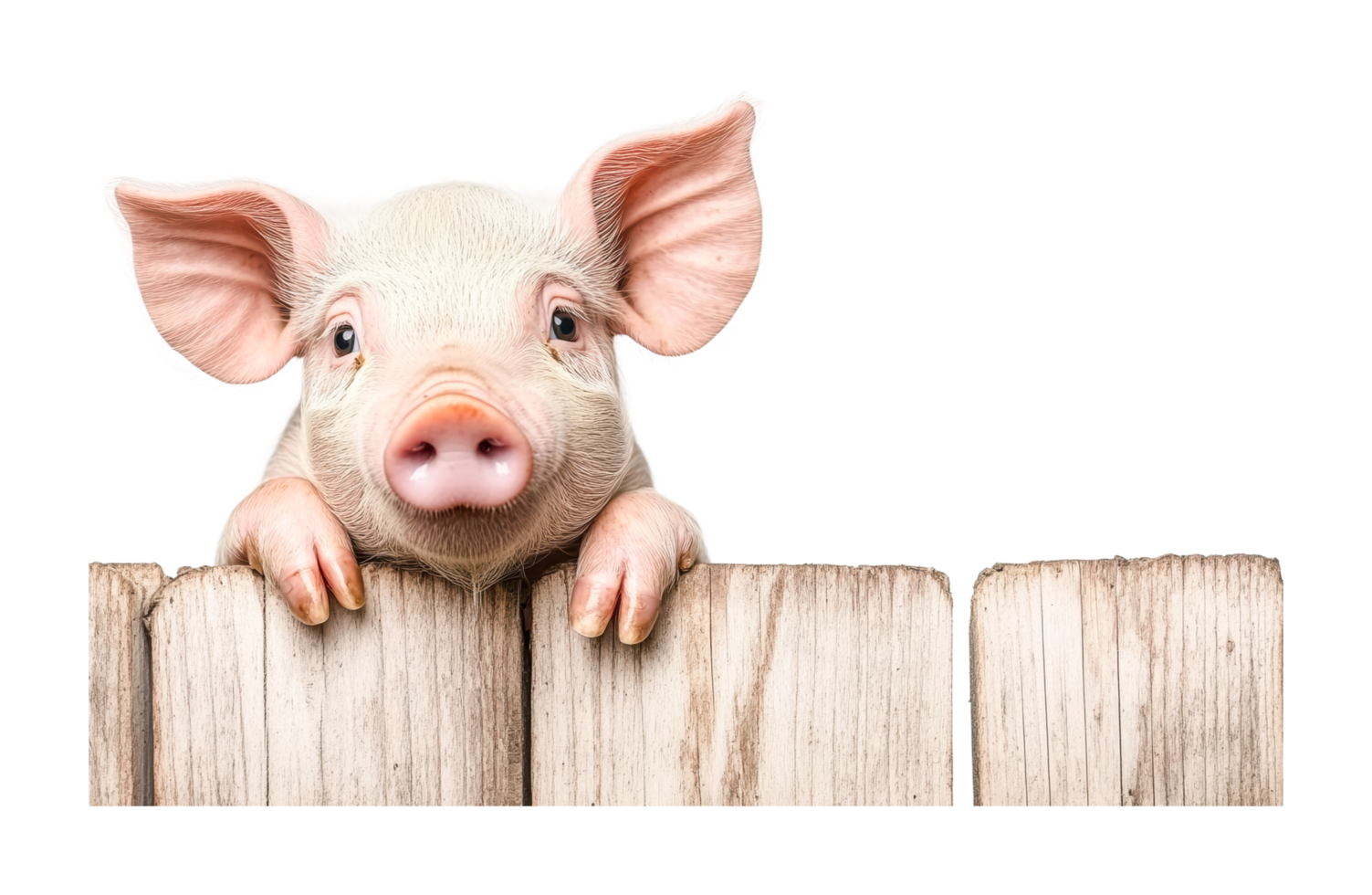 Adorable piglet peering over wooden fence with curious expression, cut out png