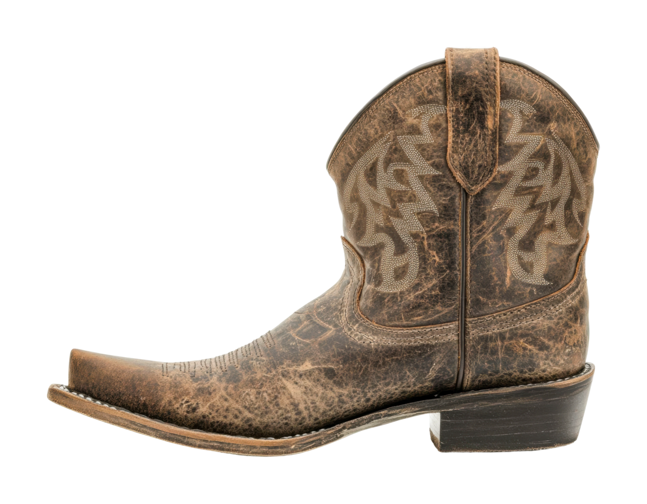 Worn distressed cowboy boot with intricate stitching and pointed toe, cut out png
