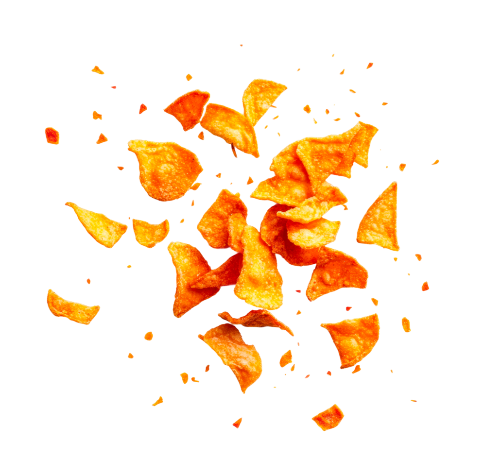 Crispy snack explosion with scattered chips in motion, cut out png