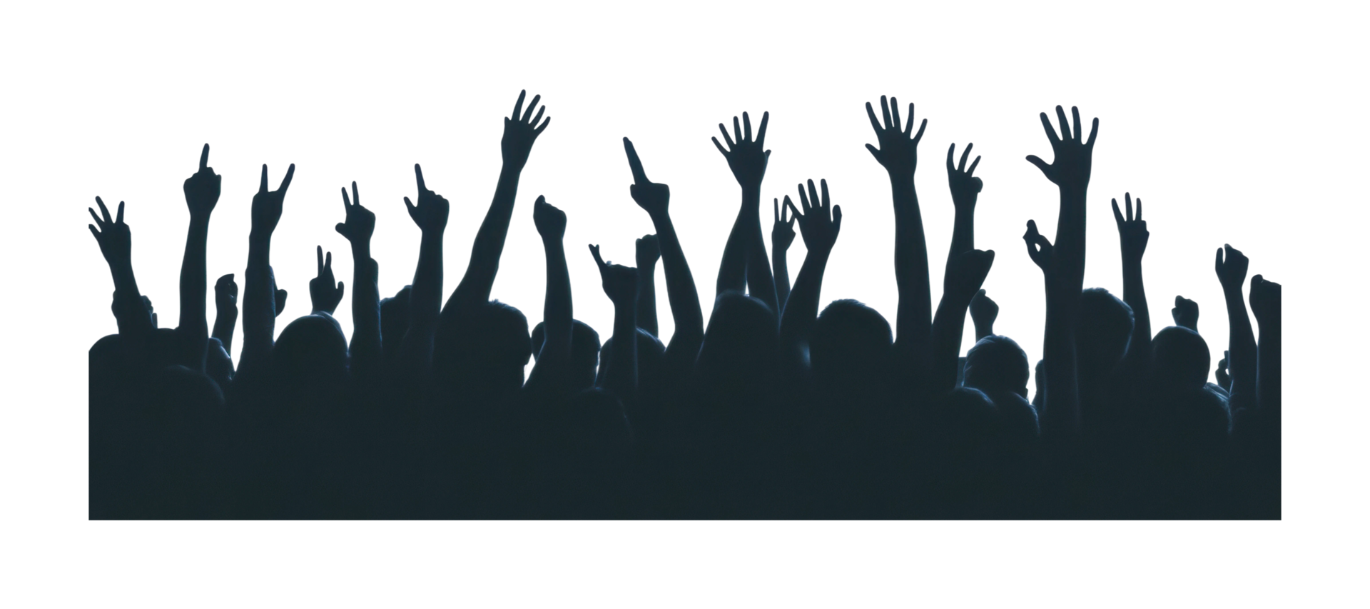 Silhouetted crowd with raised hands at concert, cut out png