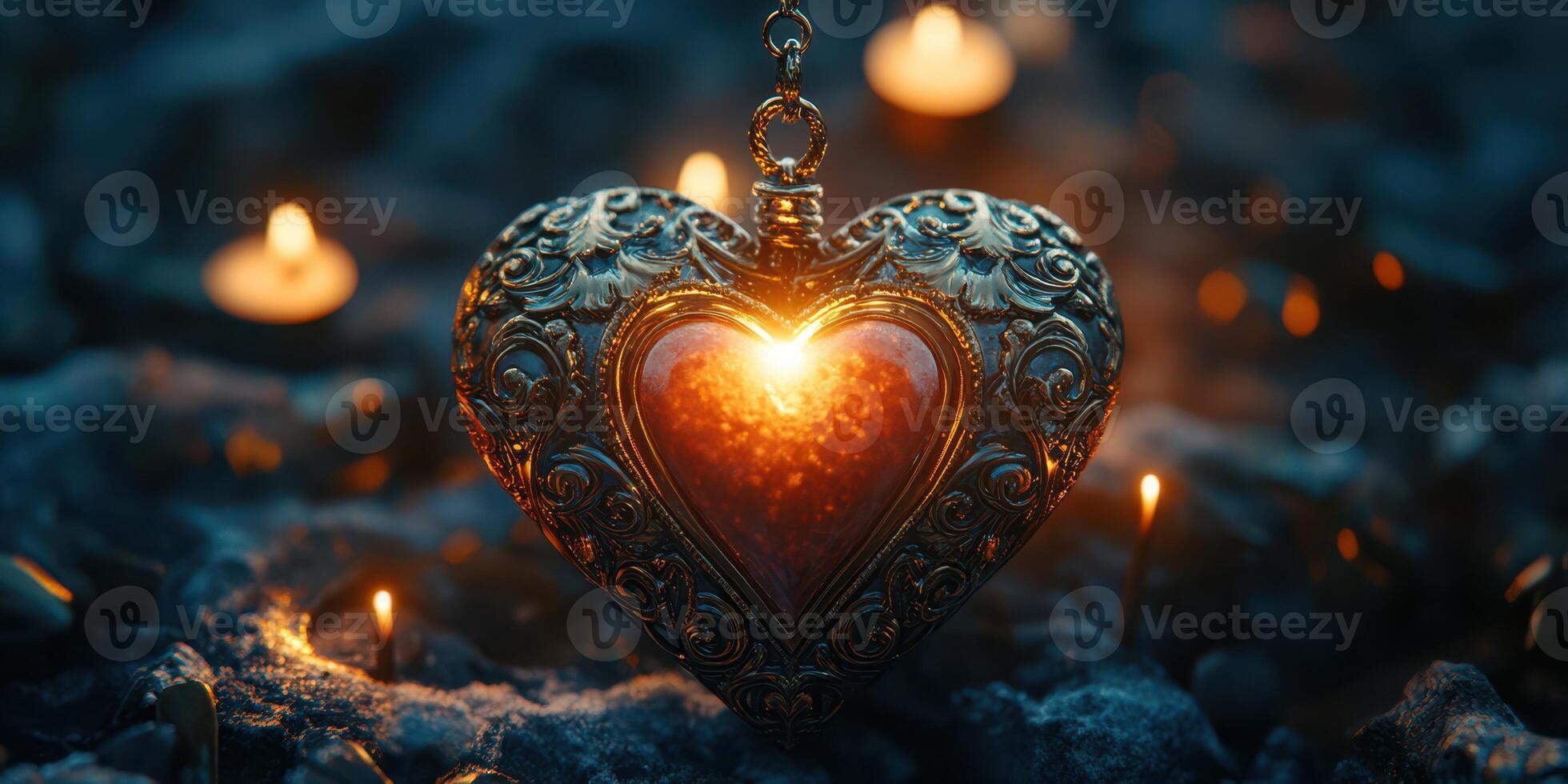 Heart-shaped locket glowing warmly among flickering candles in a dimly lit environment photo