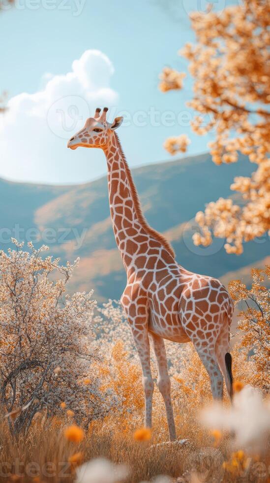 Giraffe standing gracefully in an orange-hued landscape under a clear blue sky during a sunny day photo