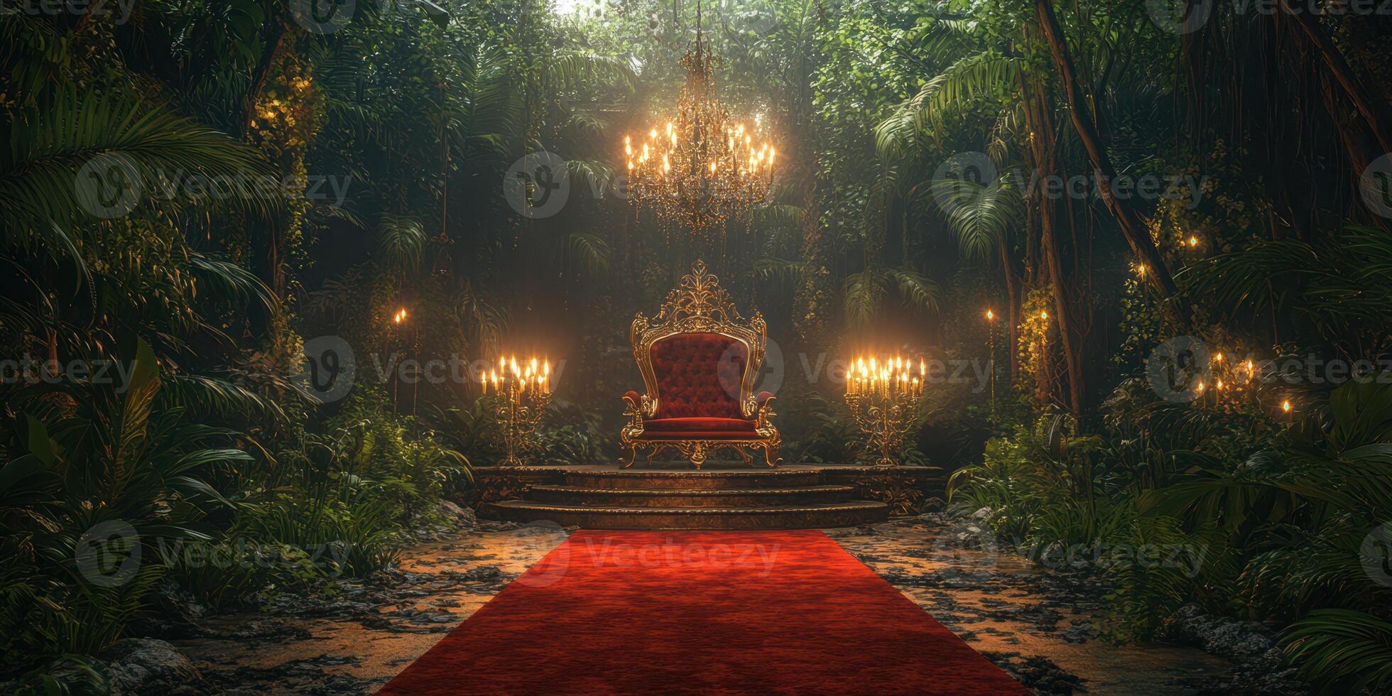Majestic throne surrounded by lush greenery and chandeliers in a mystical jungle setting photo